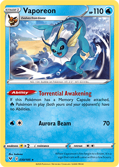 SWORD AND SHIELD, Vivid Voltage - 030/185 : Vaporeon (Reverse Holo) (5920927252646)